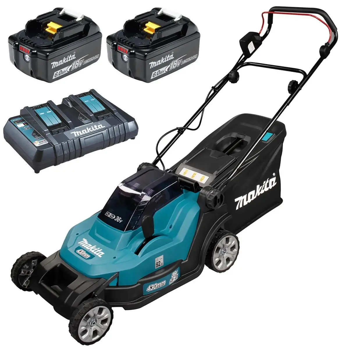 Makita 43Cm Lawn Mower Kit Twin 18V Lxt Li-Ion Cordless Garden Grass Outdoor 2 X 6Ah Battery And Dual Rapid Charger Dlm432pg2 1
