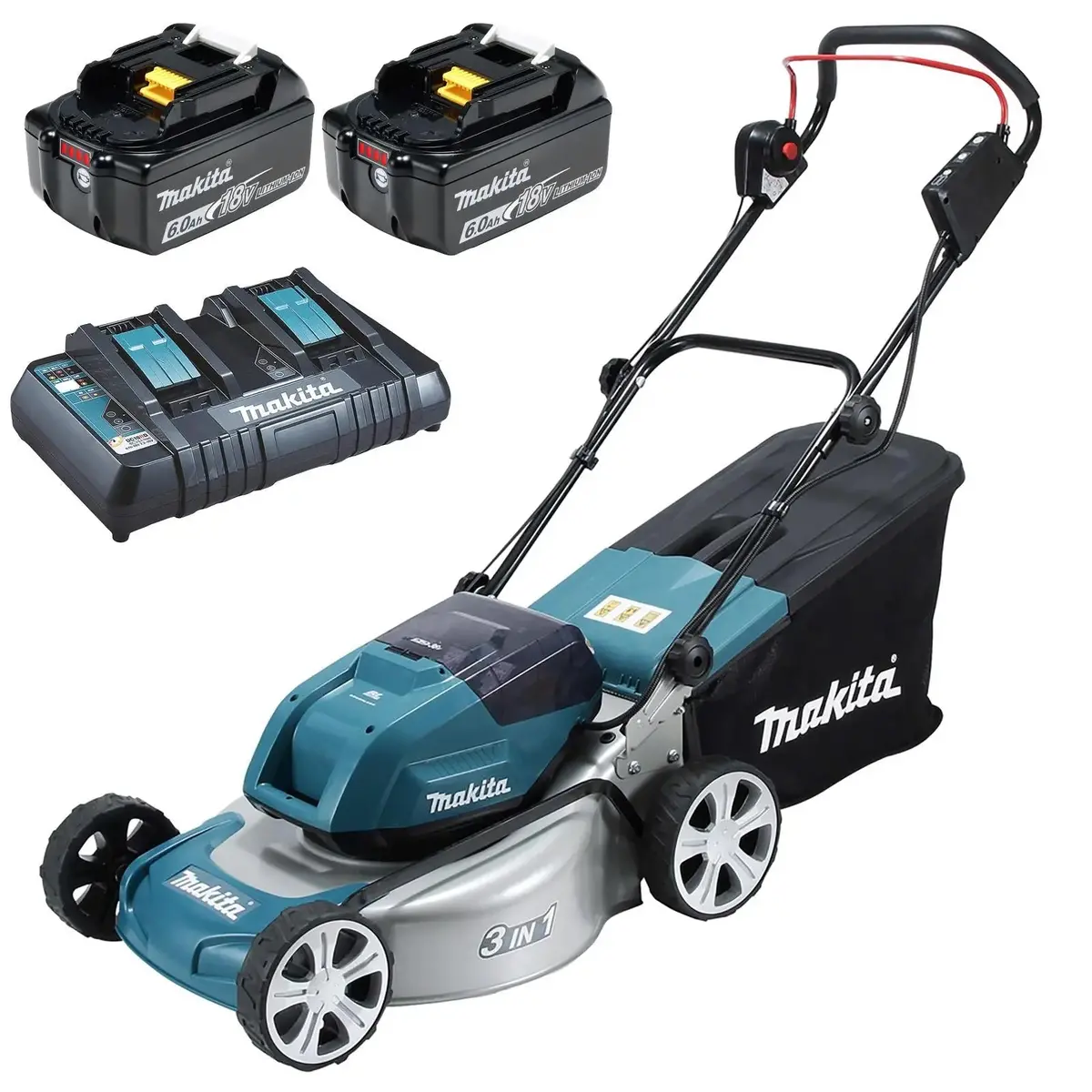 Makita 46Cm Lawn Mower Kit Twin 18V Lxt Li-Ion Cordless Garden Grass Outdoor 2 X 6Ah Battery And Dual Rapid Charger Dlm460pg2 1