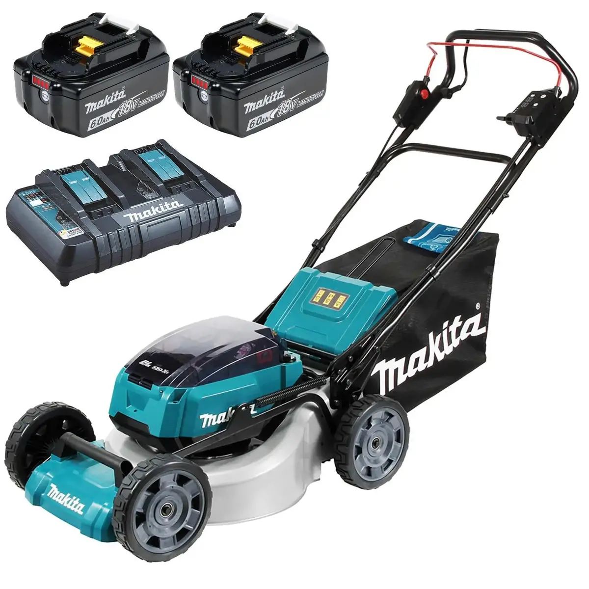 Makita 46Cm Lawn Mower Kit Twin 18V Lxt Li-Ion Cordless Garden Grass Outdoor 2 X 6Ah Battery And Dual Rapid Charger Dlm462pg2 1