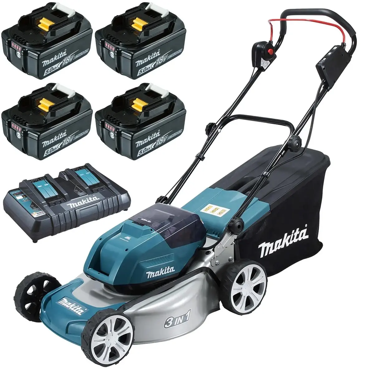 Makita 46Cm Lawn Mower Kit Twin 18V Lxt Li-Ion Cordless Garden Grass Outdoor 4 X 5Ah Battery And Dual Rapid Charger Dlm460pt4 1