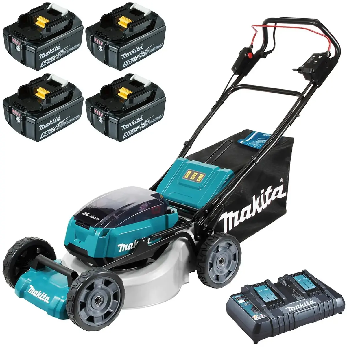 Makita 46Cm Lawn Mower Kit Twin 18V Lxt Li-Ion Cordless Garden Grass Outdoor 4 X 5Ah Battery And Dual Rapid Charger Dlm462pt4 1
