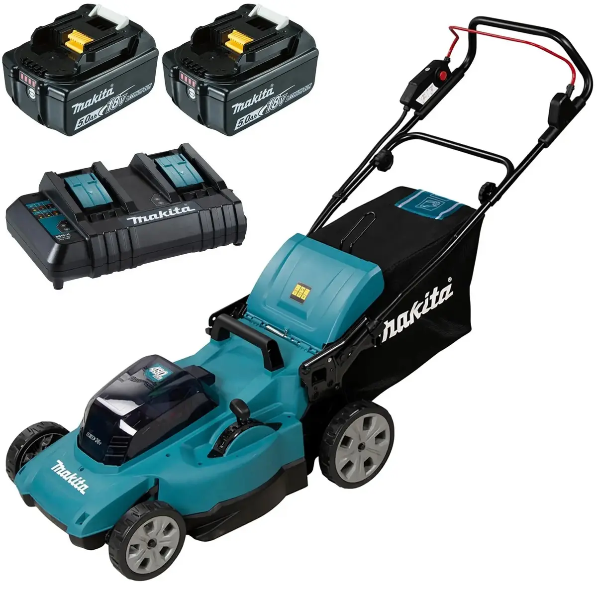 Makita 48Cm Lawn Mower Kit Twin 18V Lxt Li-Ion Cordless Garden Grass Outdoor 2 X 5Ah Battery And Dual Charger Dlm480ct2 1