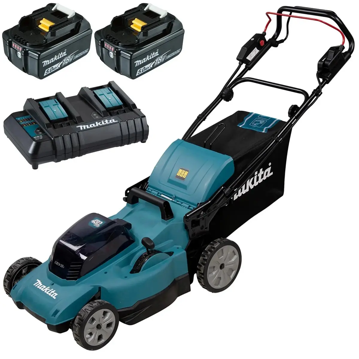 Makita 48Cm Lawn Mower Kit Twin 18V Lxt Li-Ion Cordless Garden Grass Outdoor 2 X 5Ah Battery And Dual Charger Dlm481ct2 1