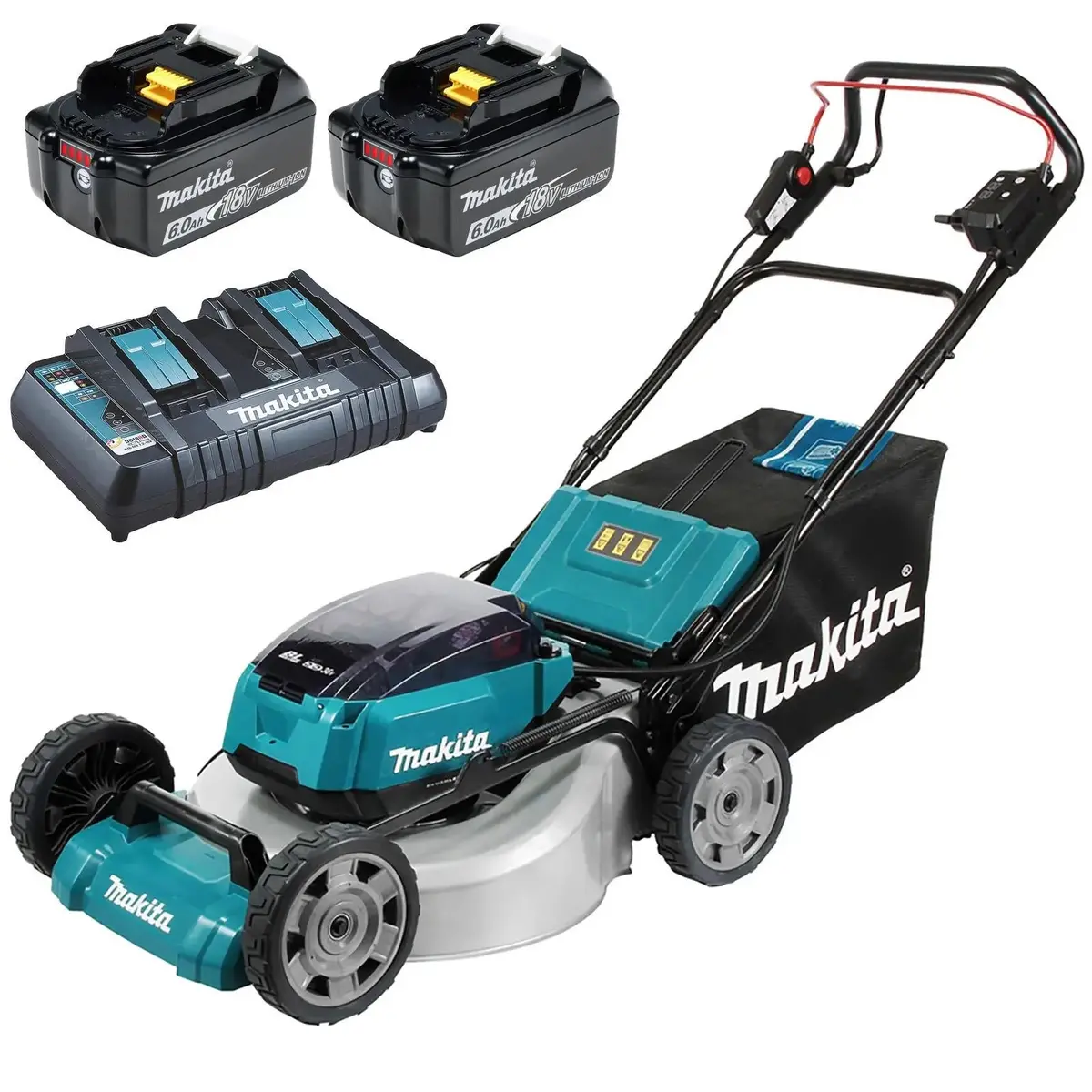 Makita 53Cm Lawn Mower Kit Twin 18V Lxt Li-Ion Cordless Garden Grass Outdoor 2 X 6Ah Battery And Dual Rapid Charger Dlm532pg2 1