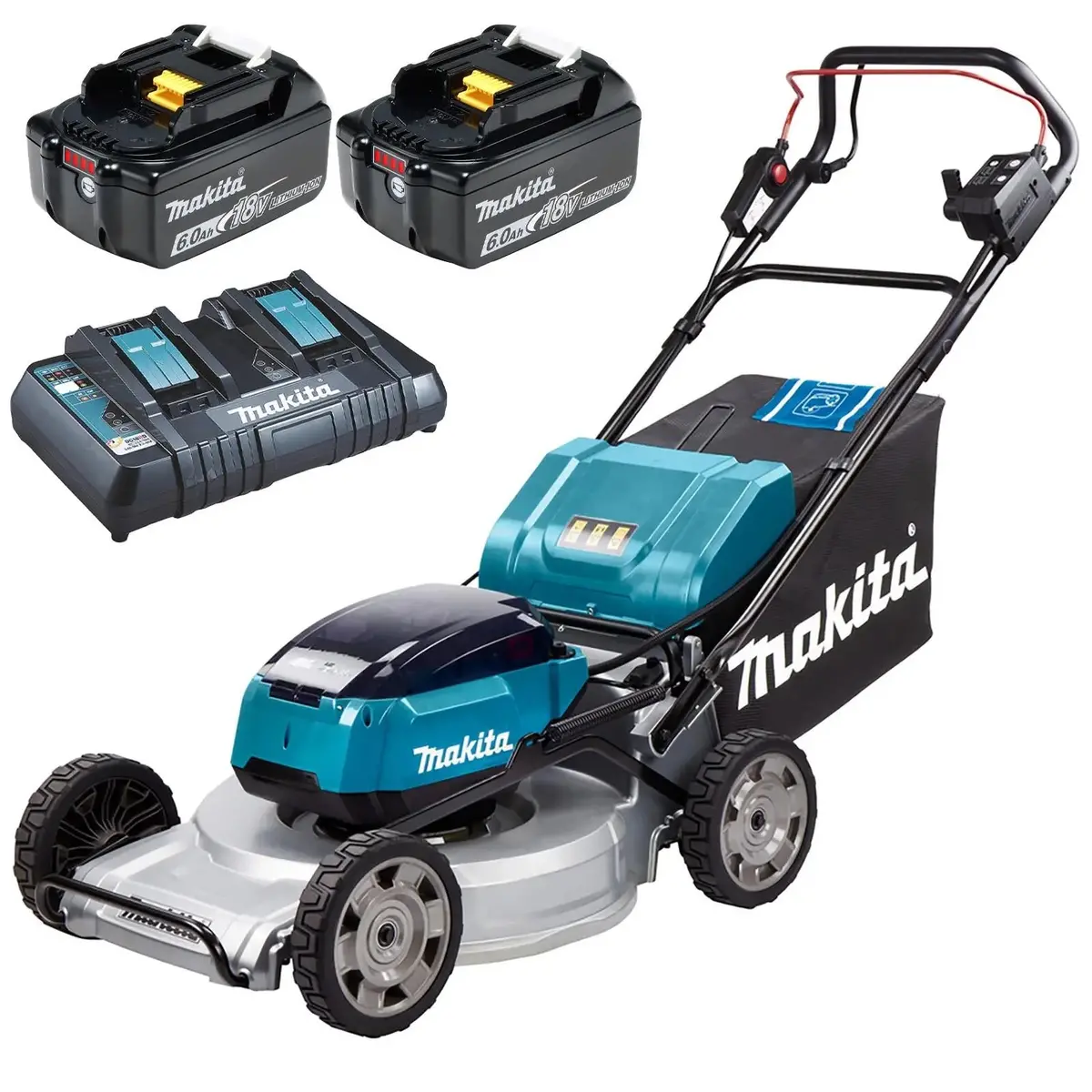 Makita 53Cm Lawn Mower Kit Twin 18V Lxt Li-Ion Cordless Garden Grass Outdoor 2 X 6Ah Battery And Dual Rapid Charger Dlm533pg2 1