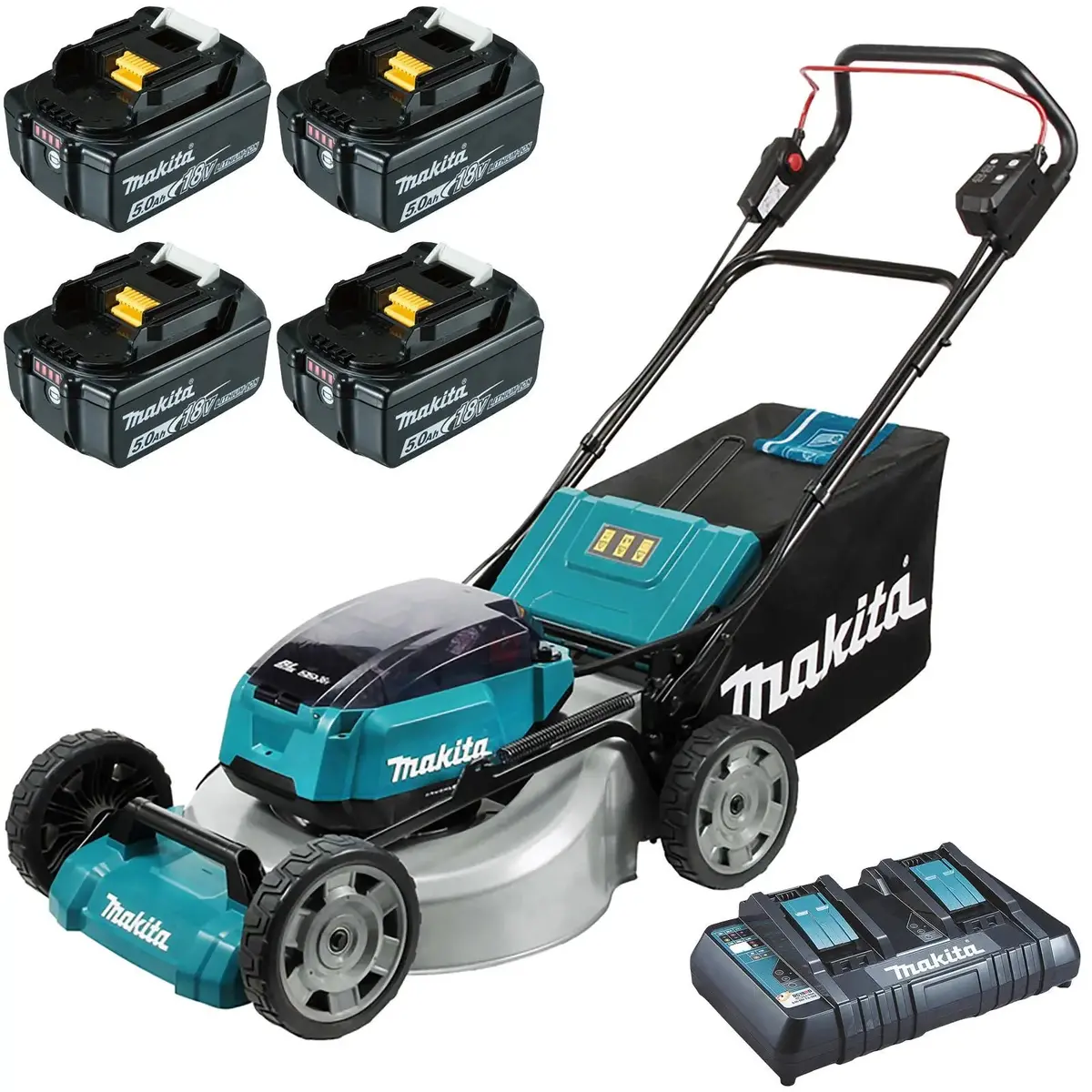Makita 53Cm Lawn Mower Kit Twin 18V Lxt Li-Ion Cordless Garden Grass Outdoor 4 X 5Ah Battery And Dual Rapid Charger Dlm530pt4 1