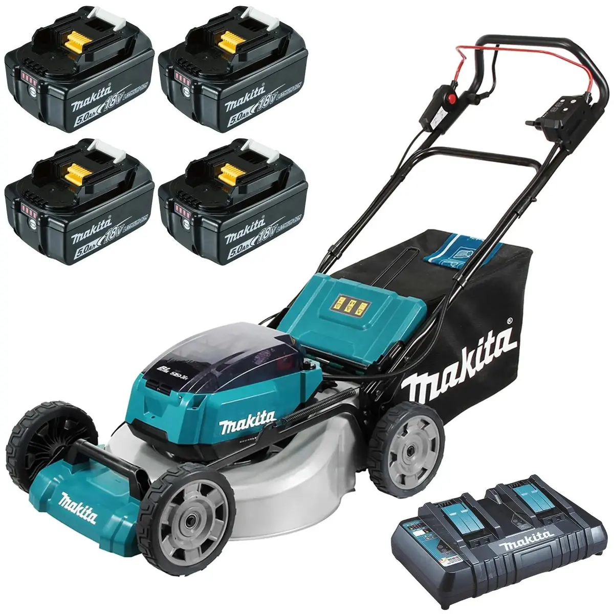 Makita 53Cm Lawn Mower Kit Twin 18V Lxt Li-Ion Cordless Garden Grass Outdoor 4 X 5Ah Battery And Dual Rapid Charger Dlm532pt4 1