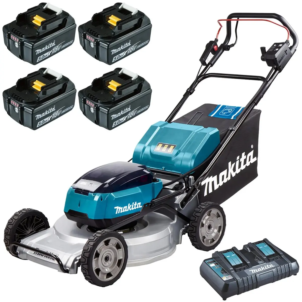 Makita 53Cm Lawn Mower Kit Twin 18V Lxt Li-Ion Cordless Garden Grass Outdoor 4 X 5Ah Battery And Dual Rapid Charger Dlm533pt4 1
