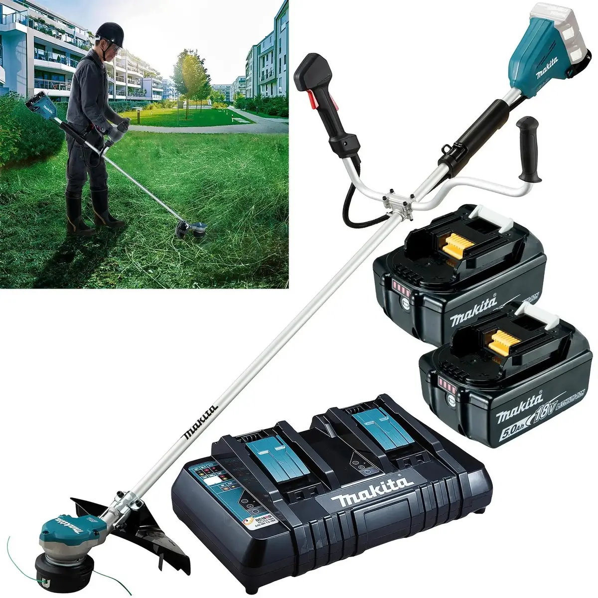 Makita Brush Cutter Kit 2 X 18V Lxt Brushless Cordless Garden Lawn Strimming 2 X 5Ah Battery And Dual Rapid Charger Dur368apt2 1