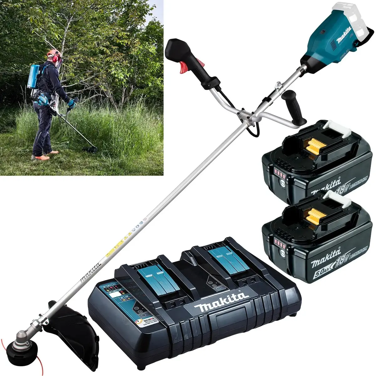 Makita Brush Cutter Kit 2 X 18V Lxt Brushless Cordless Garden Lawn Strimming 2 X 5Ah Battery And Dual Rapid Charger Dur369apt2 1