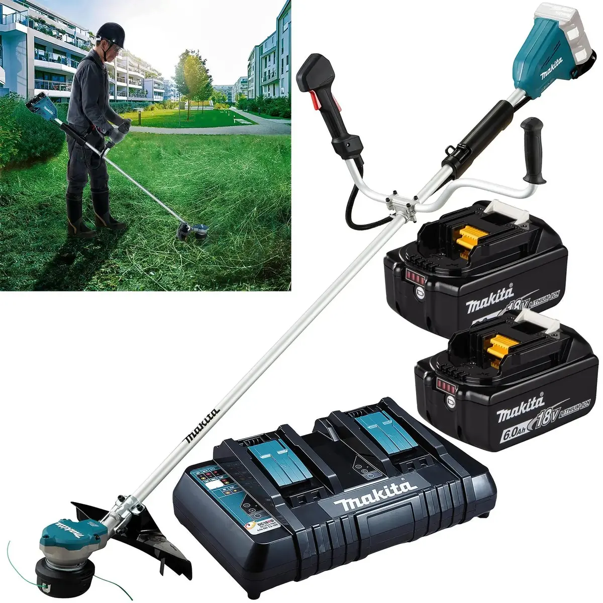 Makita Brush Cutter Kit 2 X 18V Lxt Brushless Cordless Garden Lawn Strimming 2 X 6Ah Battery And Dual Rapid Charger Dur368apg2 1
