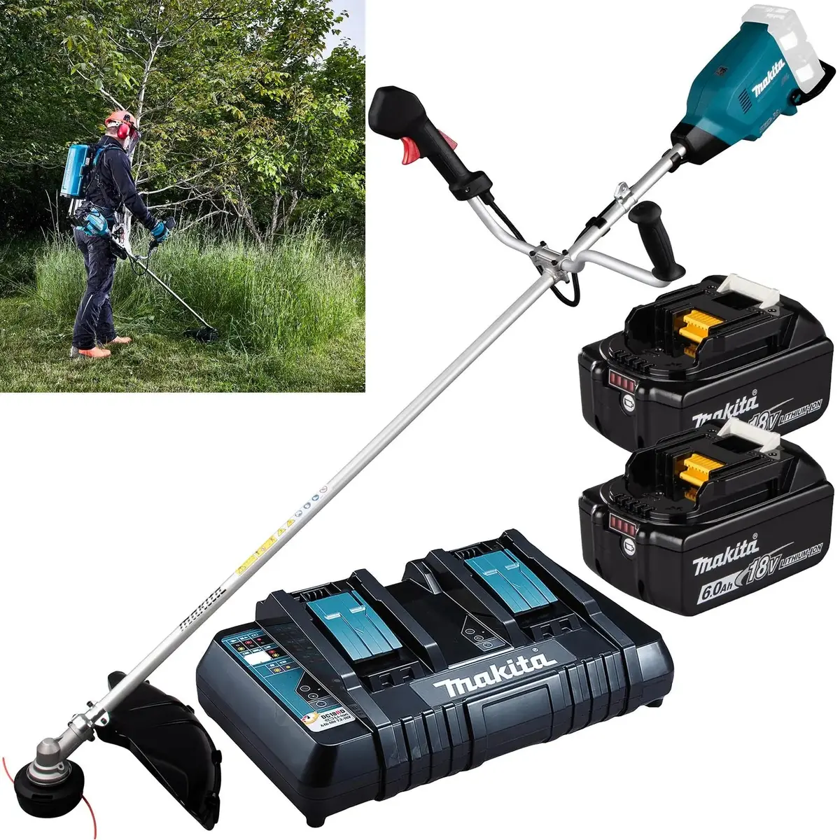 Makita Brush Cutter Kit 2 X 18V Lxt Brushless Cordless Garden Lawn Strimming 2 X 6Ah Battery And Dual Rapid Charger Dur369apg2 1