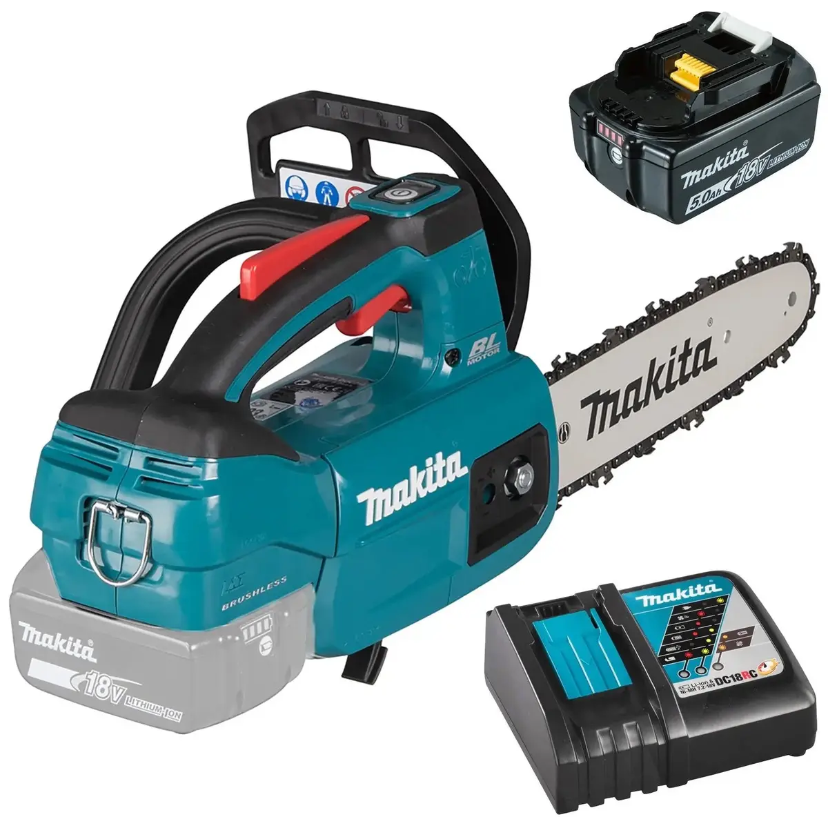 Makita Chainsaw Kit 25Cm 10" 18V Lxt Brushless Cordless 5Ah Battery And Charger Top Handle Garden Tree Cutting Pruning Duc254rt 1