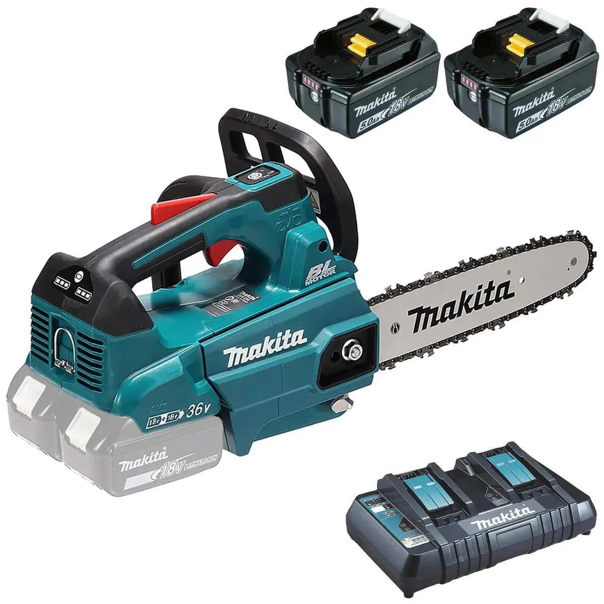 Makita Chainsaw Kit 25Cm 10" 18V X 2 Lxt Brushless Cordless 2 X 5Ah Battery And Dual Rapid Charger Top Handle Garden Tree Cutting Pruning Duc256pt2 1