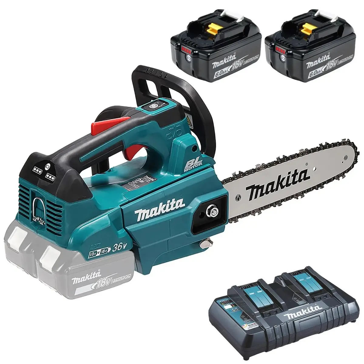 Makita Chainsaw Kit 25Cm 10" 18V X 2 Lxt Brushless Cordless 2 X 6Ah Battery And Dual Rapid Charger Top Handle Garden Tree Cutting Pruning Duc256pg2 1