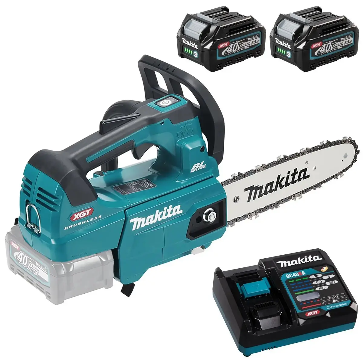 Makita Chainsaw Kit 25Cm 10" 40V Xgt Brushless Cordless Top Handle 2 X 2.5Ah Battery And Rapid Charger Garden Tree Cutting Pruning Uc002gd202 1