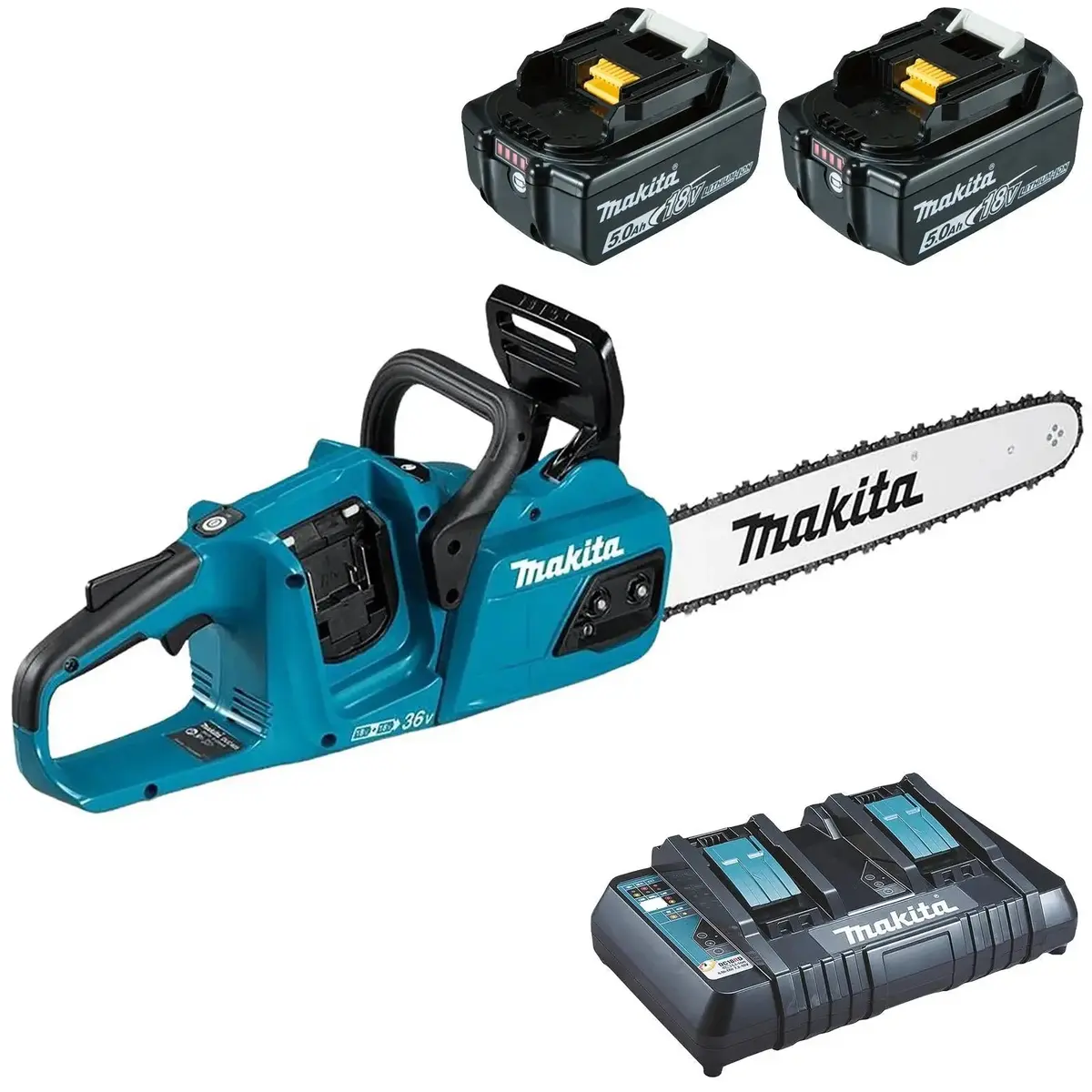 Makita Chainsaw Kit 30Cm 12" 18V X 2 Lxt Brushless Cordless 2 X 5Ah Battery And Dual Rapid Charger Garden Tree Cutting Pruning Duc305pt2 1