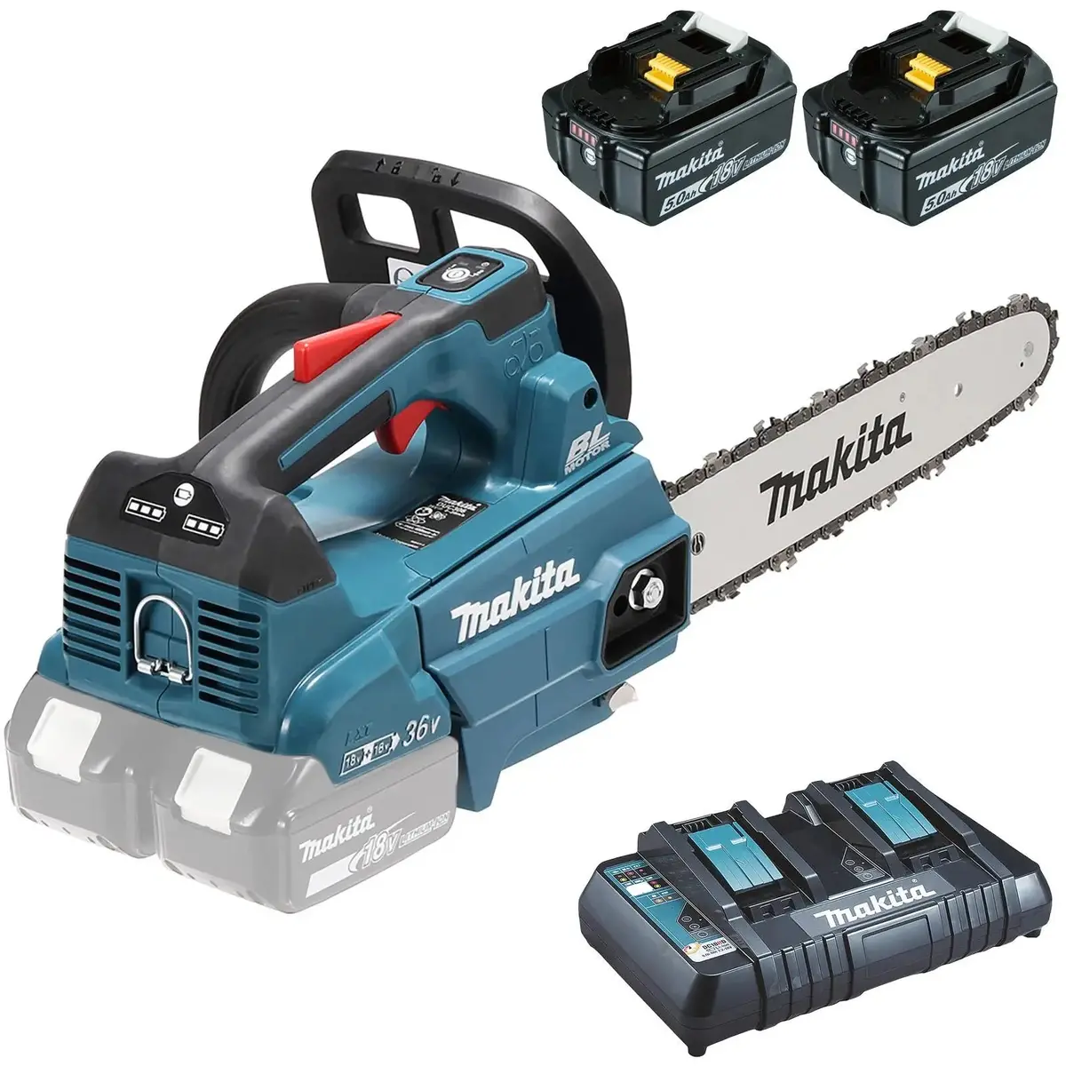 Makita Chainsaw Kit 30Cm 12" 18V X 2 Lxt Brushless Cordless 2 X 5Ah Battery And Dual Rapid Charger Top Handle Garden Tree Cutting Pruning Duc306pt2 1