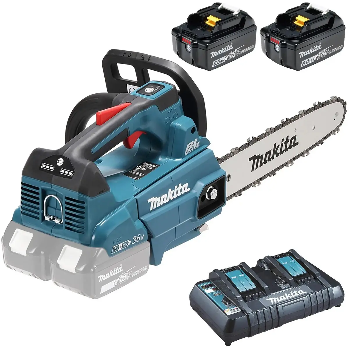 Makita Chainsaw Kit 30Cm 12" 18V X 2 Lxt Brushless Cordless 2 X 6Ah Battery And Dual Rapid Charger Top Handle Garden Tree Cutting Pruning Duc306pg2 1