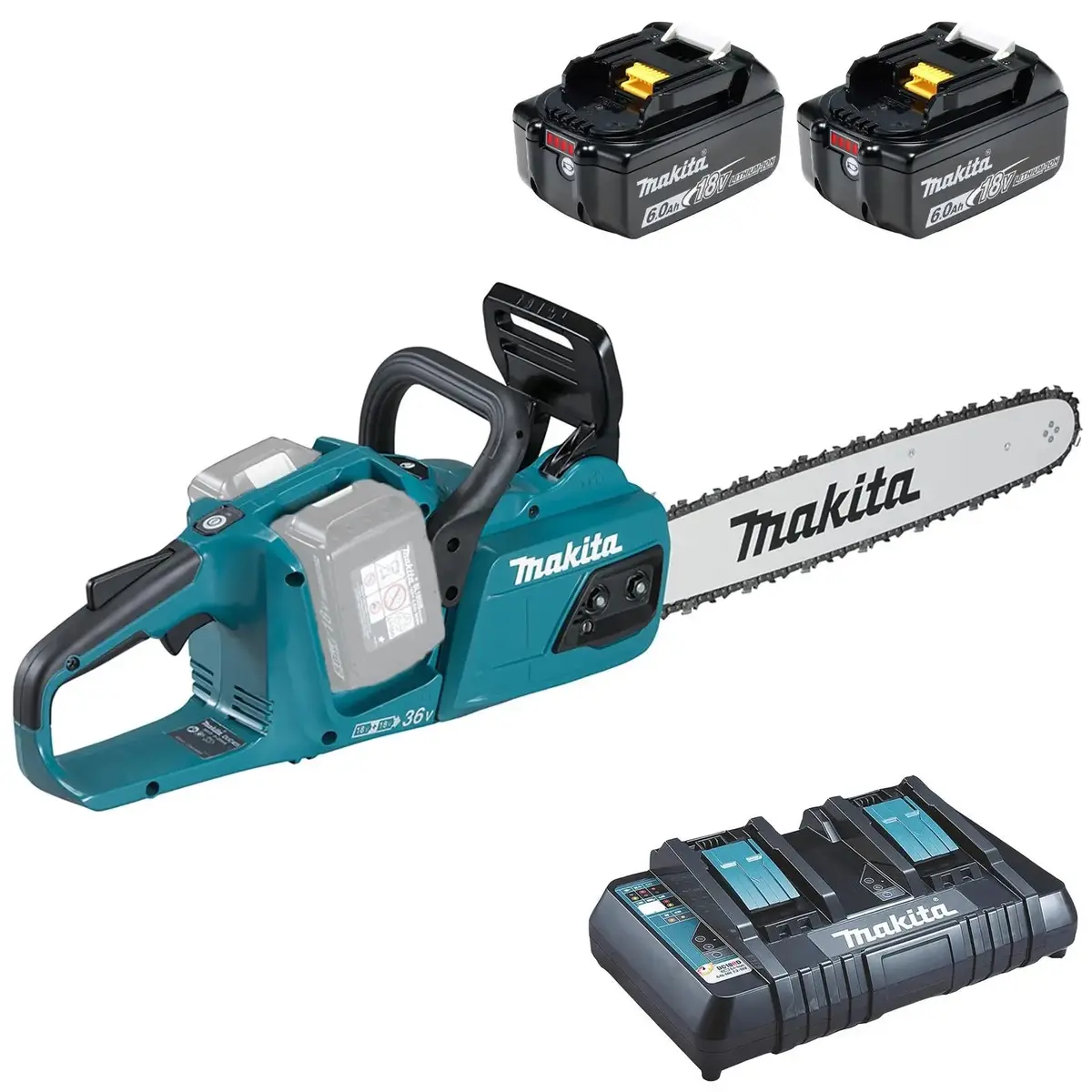 Makita Chainsaw Kit 40Cm 16" 18V X 2 Lxt Brushless Cordless 2 X 6Ah Battery And Dual Rapid Charger Garden Tree Cutting Pruning Duc405pg2 1