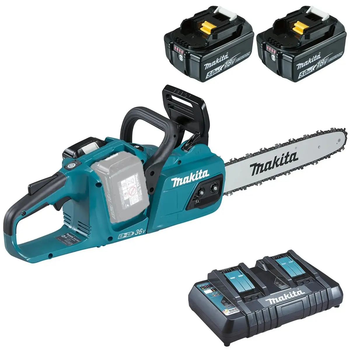 Makita Chainsaw Kit Heavy Duty 35Cm 14" 18V X 2 Lxt Brushless Cordless 2 X 5Ah Battery And Dual Rapid Charger Garden Tree Cutting Pruning Duc355pt2 1