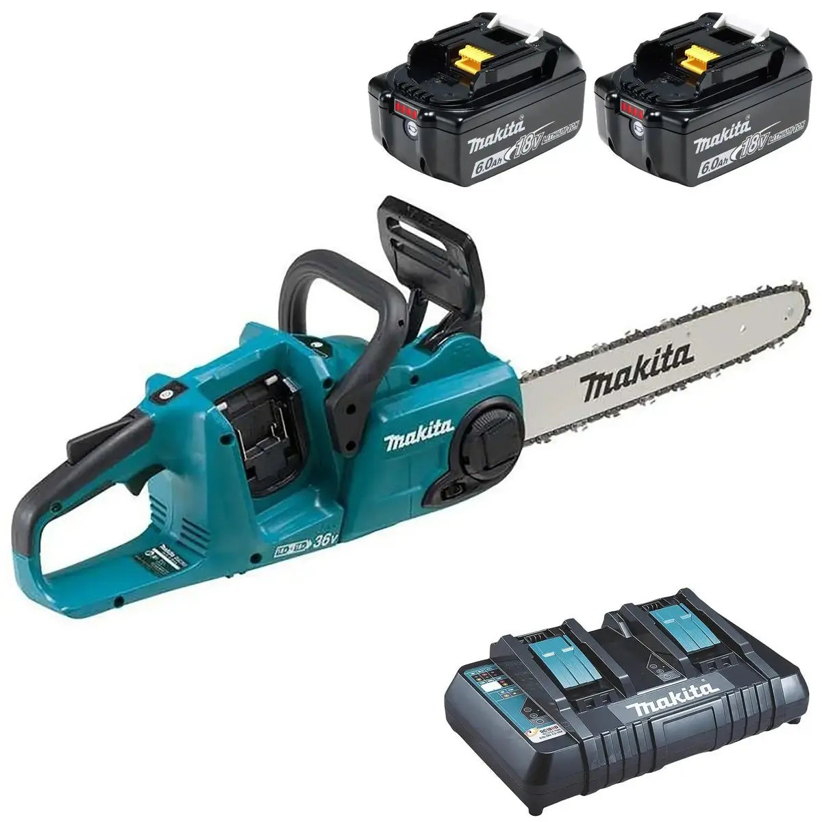 Makita Chainsaw Kit Heavy Duty 35Cm 14" 18V X 2 Lxt Brushless Cordless 2 X 6Ah Battery And Dual Rapid Charger Garden Tree Cutting Pruning Duc353pg2 1