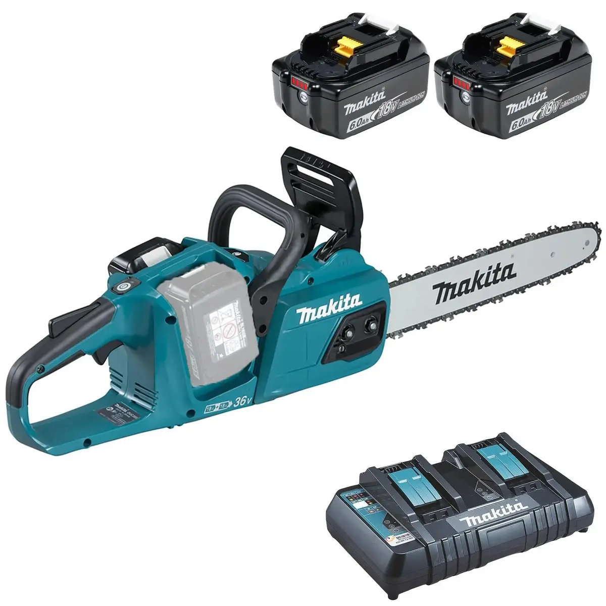 Makita Chainsaw Kit Heavy Duty 35Cm 14" 18V X 2 Lxt Brushless Cordless 2 X 6Ah Battery And Dual Rapid Charger Garden Tree Cutting Pruning Duc355pg2 1