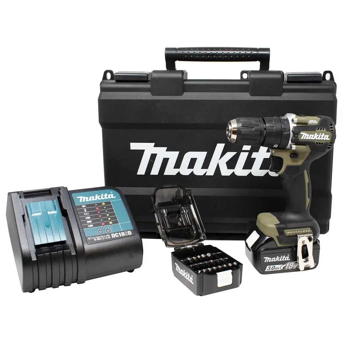 Makita Combi Drill Hammer Driver 18V Lxt Li-Ion Brushless Cordless Olive Range 1 X 3Ah Dhp487fx3o 1
