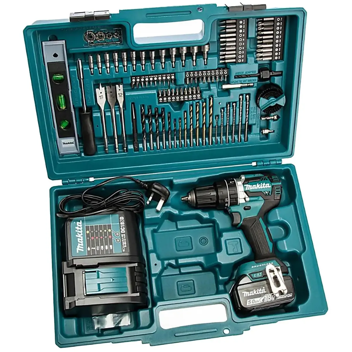 Makita Combi Drill Kit 18V Lxt Dhp484 With 5Ah Battery Charger 101Pc Tool Set Cordless Brushless Dhp484stx5 1