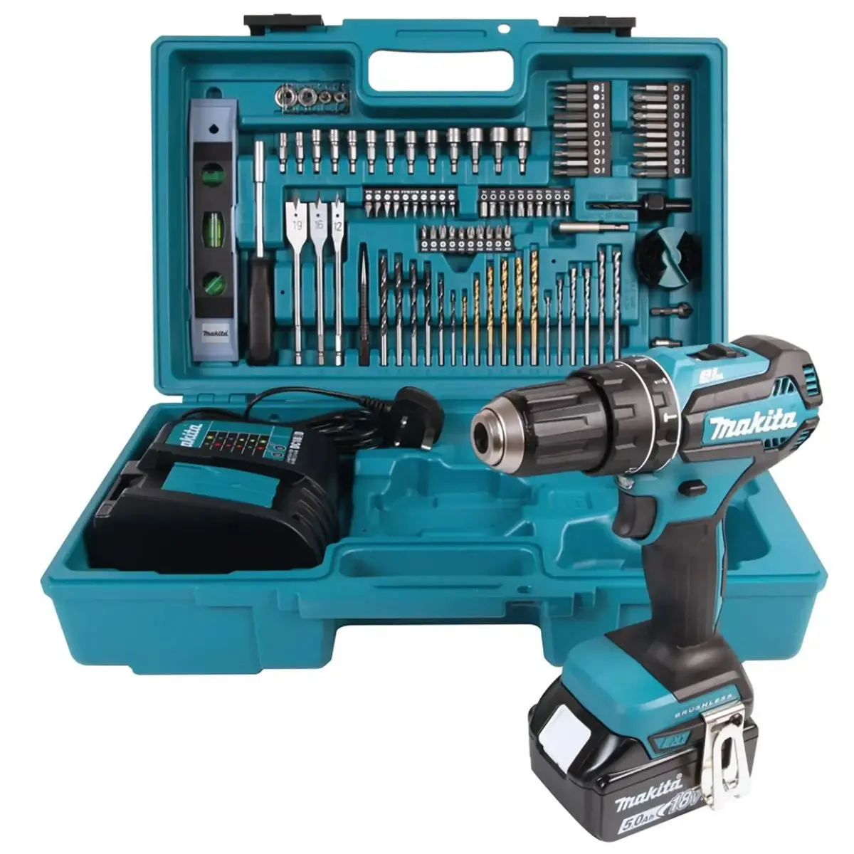 Makita Combi Drill Kit 18V Lxt Dhp485 With 5Ah Battery Charger 101Pc Tool Set Cordless Brushless Dhp485stx5 1