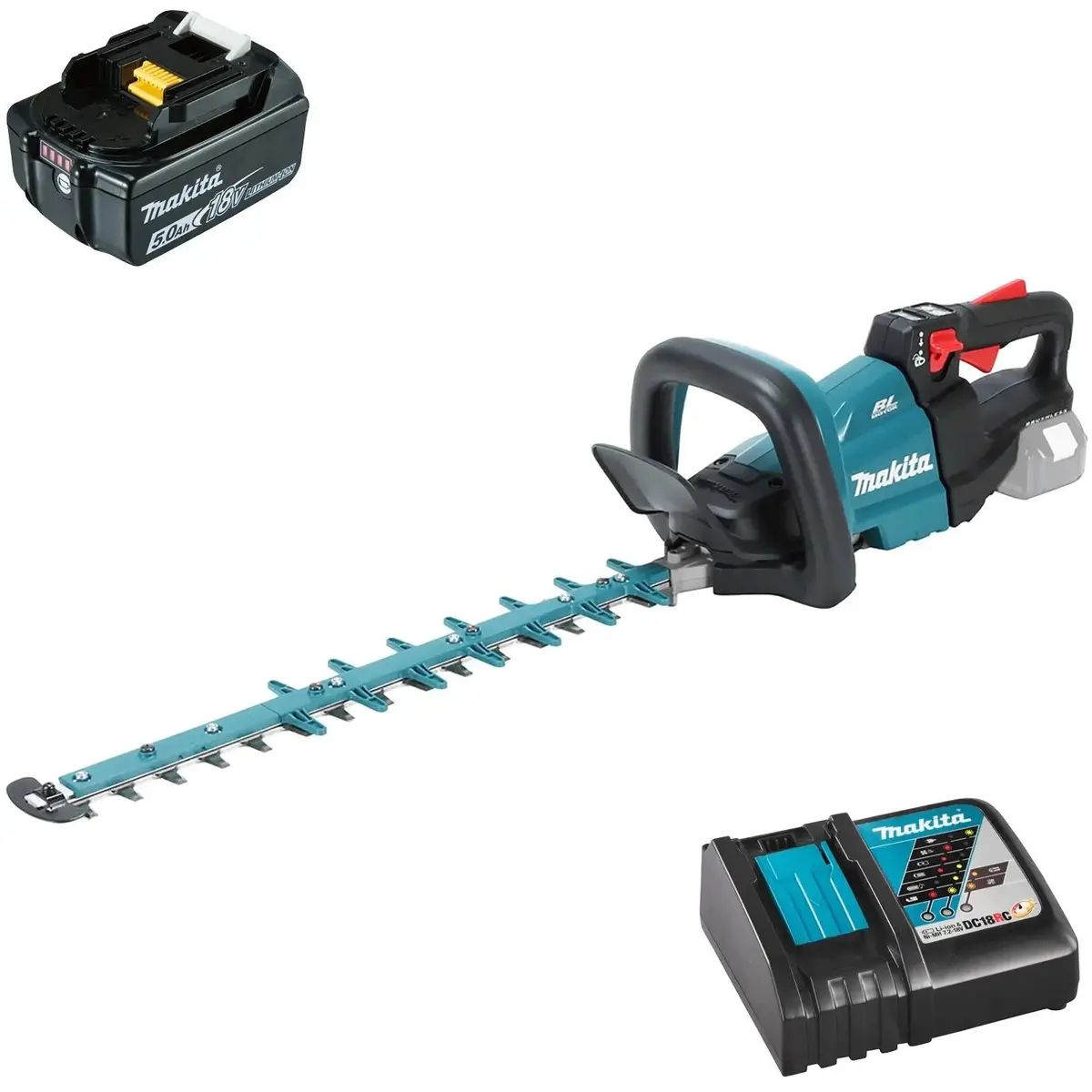 Makita Hedge Trimmer Kit 50Cm 18V Lxt Li-Ion Brushless Cordless 5Ah Battery And Charger Garden Bush Cutter Cutting Duh502rt 1