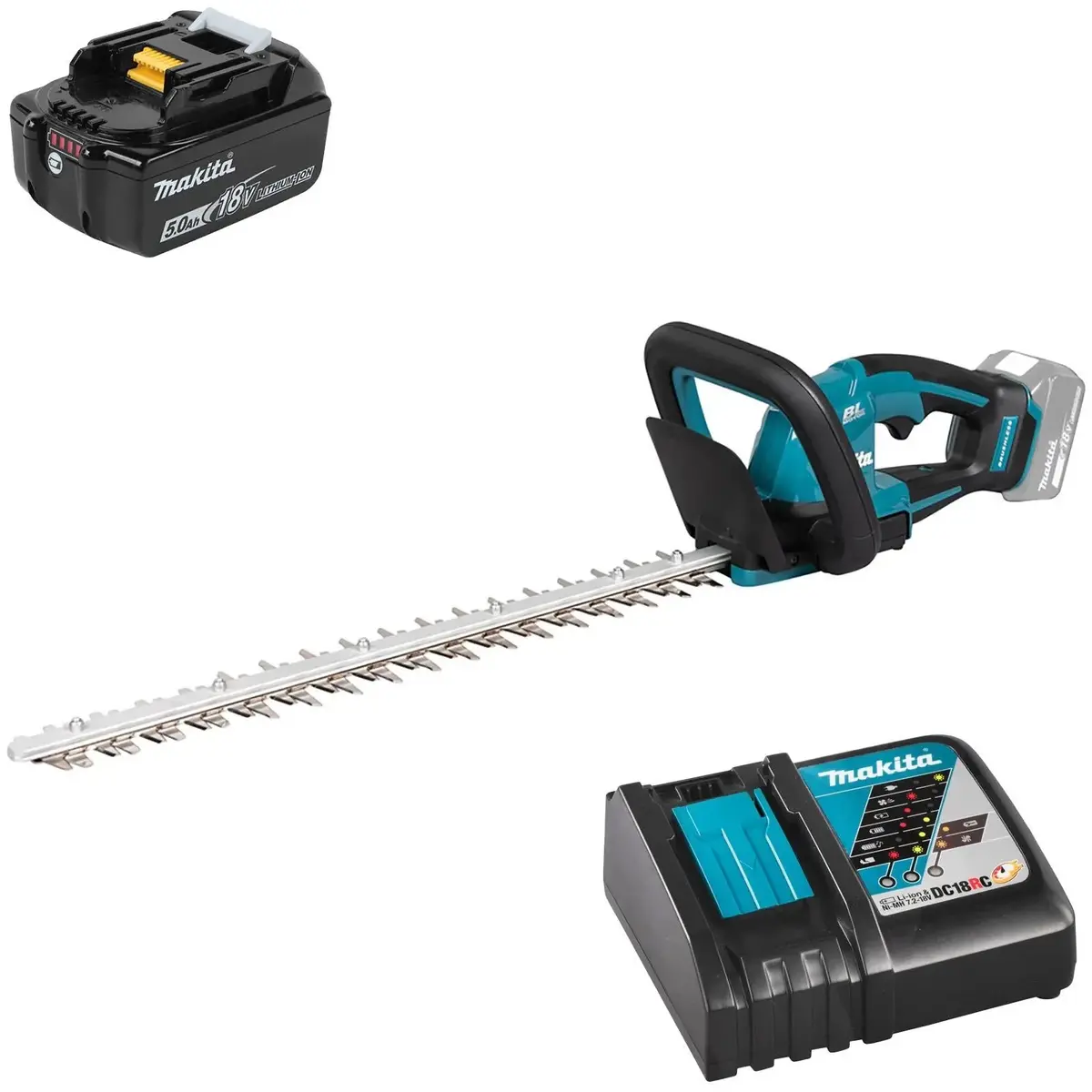 Makita Hedge Trimmer Kit 50Cm 18V Lxt Li-Ion Brushless Cordless 5Ah Battery And Charger Garden Bush Cutter Cutting Duh506rt 1