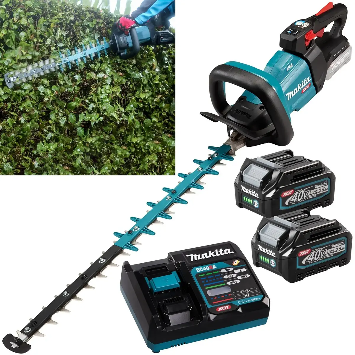 Makita Hedge Trimmer Kit 60Cm 40V Xgt Li-Ion Brushless Cordless 2 X 2.5Ah Battery And Rapid Charger Garden Bush Cutter Cutting Uh004gd201 1