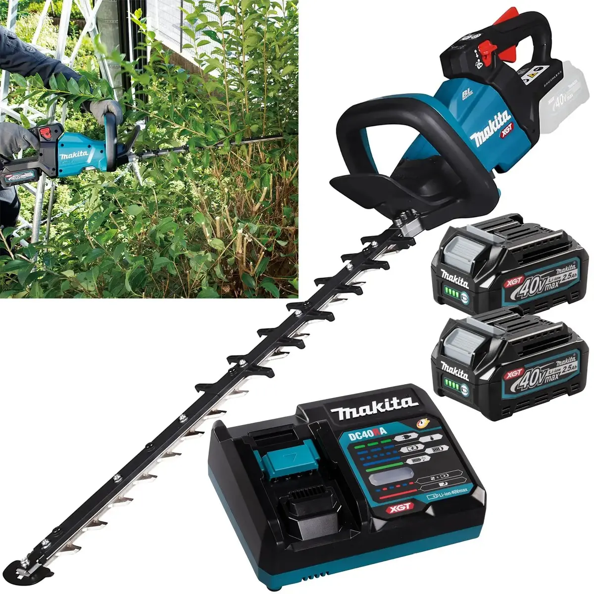 Makita Hedge Trimmer Kit 60Cm 40V Xgt Li-Ion Brushless Cordless 2 X 2.5Ah Battery And Rapid Charger Garden Bush Cutter Cutting Uh006gd201 1