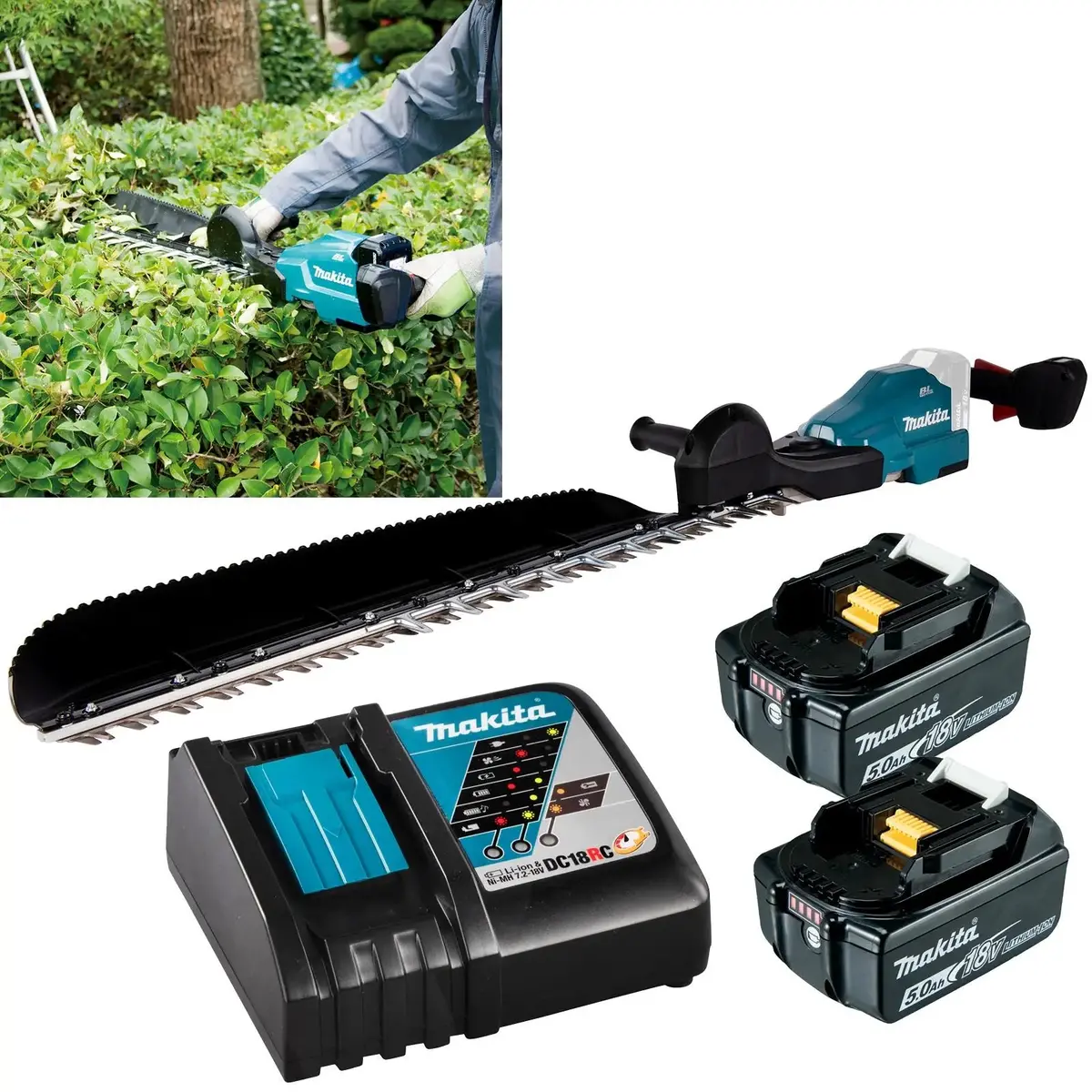 Makita Hedge Trimmer Kit 75Cm 18V Lxt Li-Ion Brushless Cordless 2 X 5Ah Battery And Charger Garden Bush Cutter Cutting Duh754srt 1
