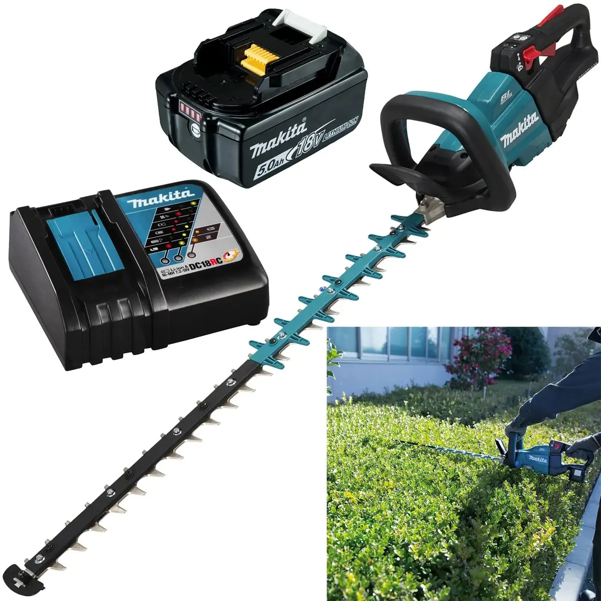Makita Hedge Trimmer Kit 75Cm 18V Lxt Li-Ion Brushless Cordless 5Ah Battery And Charger Garden Bush Cutter Cutting Duh751rt 1