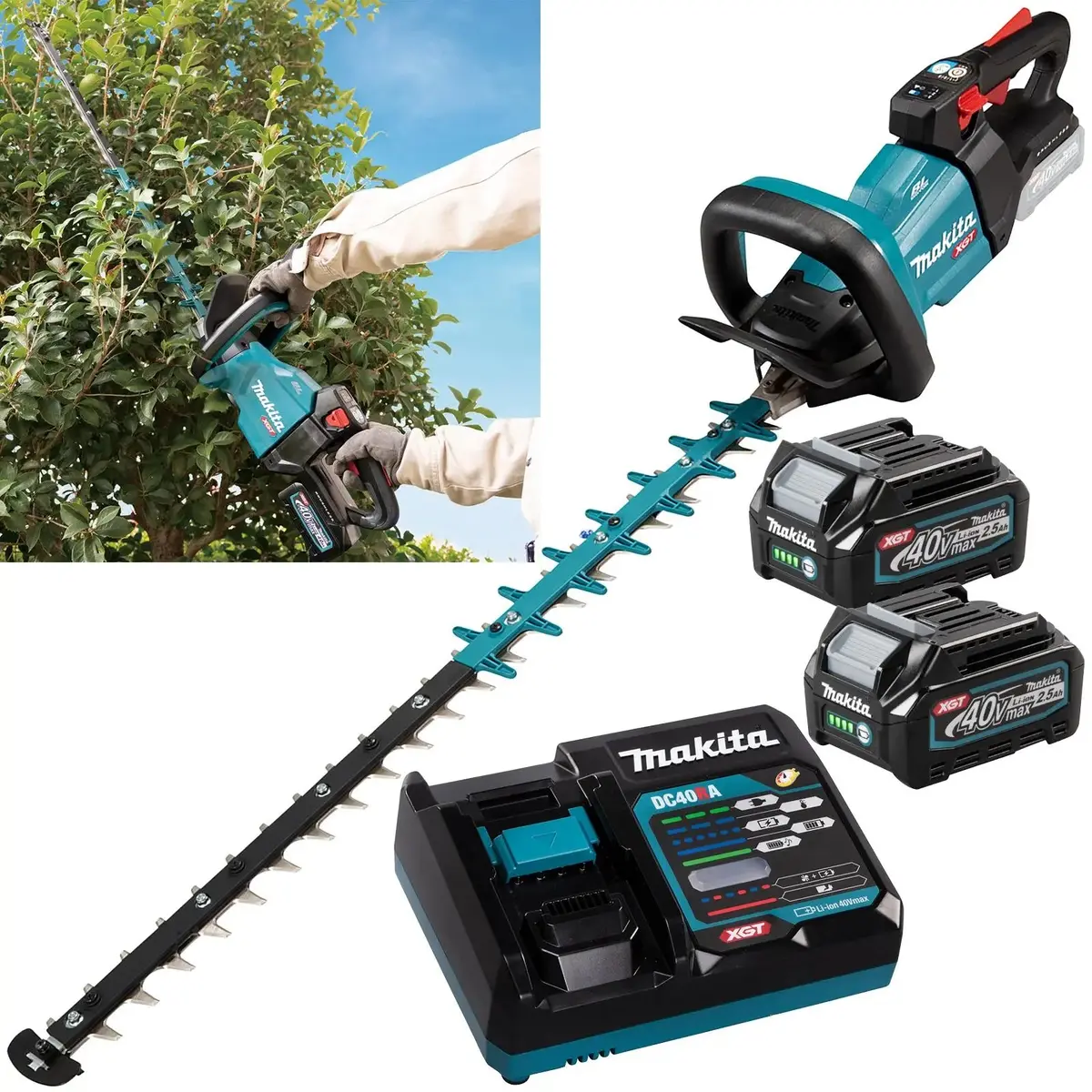 Makita Hedge Trimmer Kit 75Cm 40V Xgt Li-Ion Brushless Cordless 2 X 2.5Ah Battery And Rapid Charger Garden Bush Cutter Cutting Uh005gd201 1