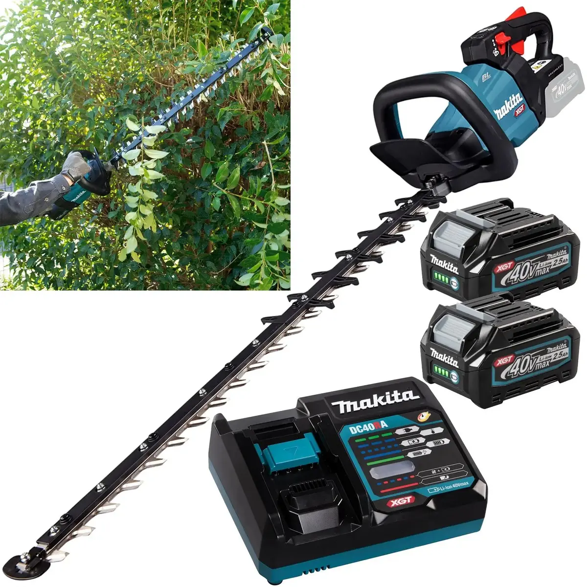 Makita Hedge Trimmer Kit 75Cm 40V Xgt Li-Ion Brushless Cordless 2 X 2.5Ah Battery And Rapid Charger Garden Bush Cutter Cutting Uh007gd201 1