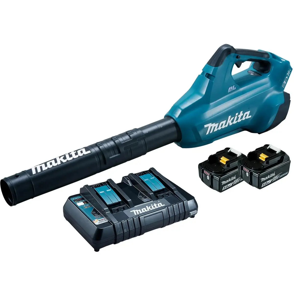 Makita Leaf Blower Kit 18V X 2 Lxt Brushless Cordless 2 X 5Ah Battery And Dual Rapid Charger 14.4N Garden Grass Clippings Construction Dub362pt2 1