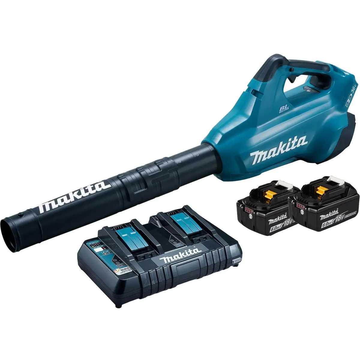 Makita Leaf Blower Kit 18V X 2 Lxt Brushless Cordless 2 X 6Ah Battery And Dual Rapid Charger 14.4N Garden Grass Clippings Construction Dub362pg2 1
