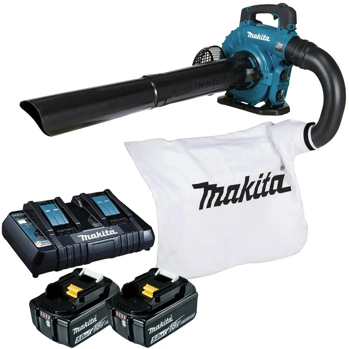 Makita Leaf Blower Vacuum Kit 18V X 2 Lxt Brushless Cordless 2 X 5Ah Battery And Dual Rapid Charger 14.4N Garden Grass Clippings Construction Dub363pt2v 1