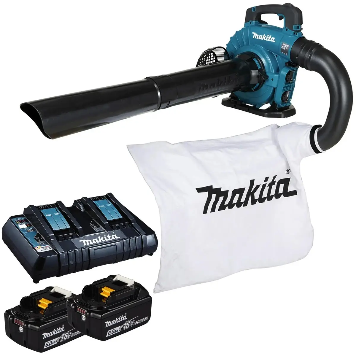 Makita Leaf Blower Vacuum Kit 18V X 2 Lxt Brushless Cordless 2 X 6Ah Battery And Dual Rapid Charger 14.4N Garden Grass Clippings Construction Dub363pg2v 1