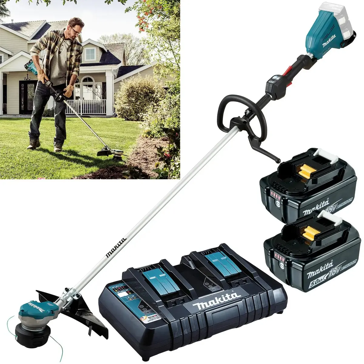 Makita Line Trimmer Strimmer Kit 2 X 18V Lxt Brushless Cordless Garden Lawn Strimming 2 X 5Ah Battery And Dual Rapid Charger Dur368lpt2 1