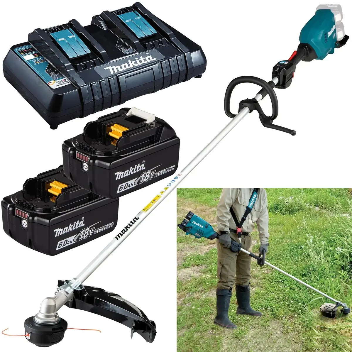 Makita Line Trimmer Strimmer Kit 2 X 18V Lxt Brushless Cordless Garden Lawn Strimming 2 X 6Ah Battery And Dual Rapid Charger Dur369lpg2 1