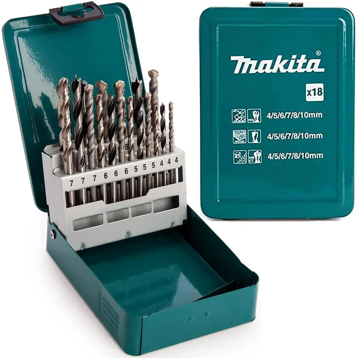 Makita Mixed Drill Bit Set In Metal Case 18 Piece Hss Wood Masonry D-47173 1