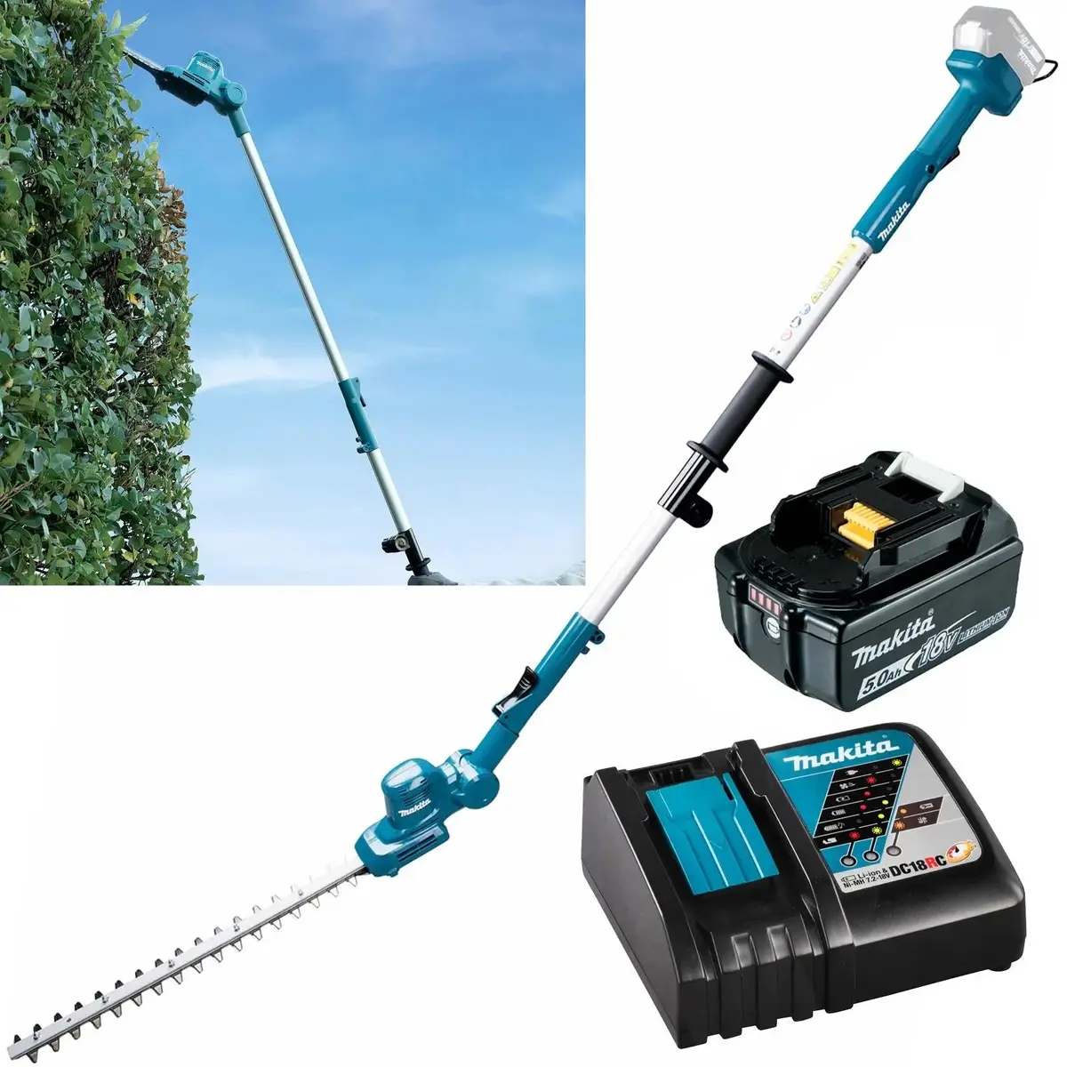 Makita Pole Hedge Trimmer Kit 46Cm 18V Lxt Li-Ion Brushless Cordless 5Ah Battery And Charger Telescopic Garden Bush Cutter Cutting Dun461wrt 1