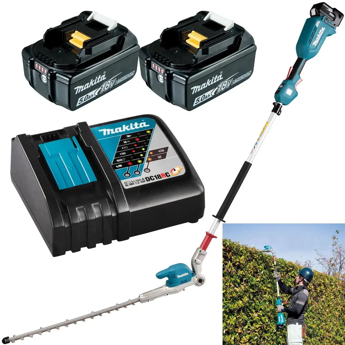 Makita Pole Hedge Trimmer Kit 50Cm 18V Lxt Li-Ion Brushless Cordless 2 X 5Ah Battery And Charger Garden Bush Cutter Cutting Dun500wrte 1