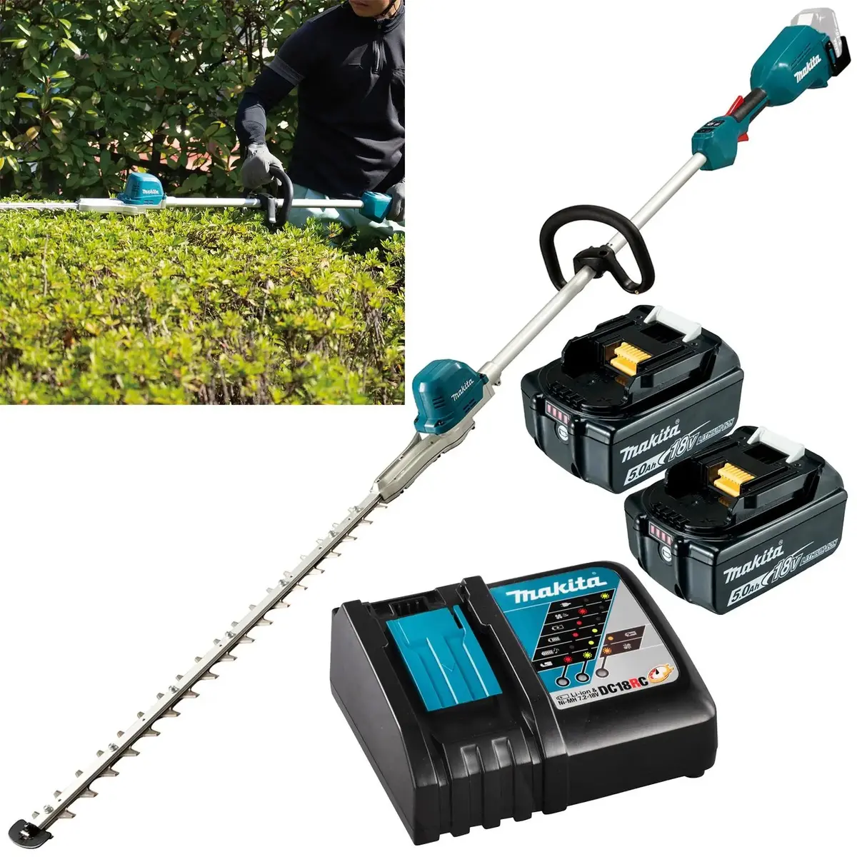 Makita Pole Hedge Trimmer Kit 60Cm 18V Lxt Li-Ion Brushless Cordless 2 X 5Ah Battery And Charger Garden Bush Cutter Cutting Dun600lrte 1