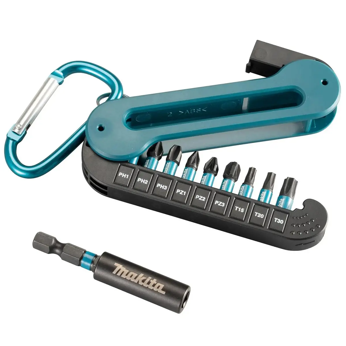 Makita Screwdriver Bit Set 25Mm 1/4" Hex 10 Pieces Impact Black With Magnetic Bit Holder On Carabiner E-12005 1