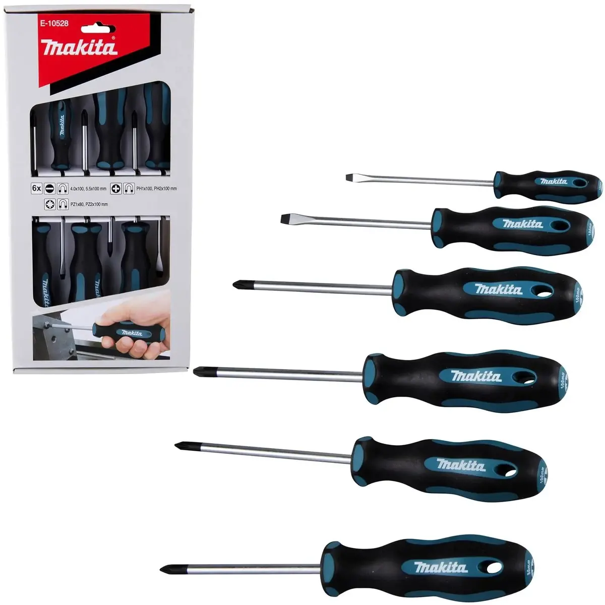 Makita Screwdriver Set Phillips Pozi Slotted Ph Pz Sl 100Mm 6Pc E-10528 1